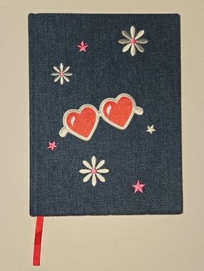 Denim Blue Embroidered Flair Red And White Journal